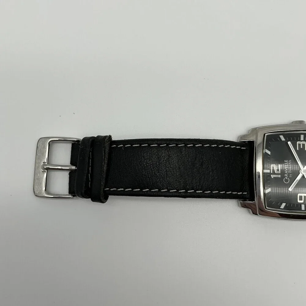 Caravelle By Bulova Mens Square Watch 36mm Black Dial Black Leather New Battery